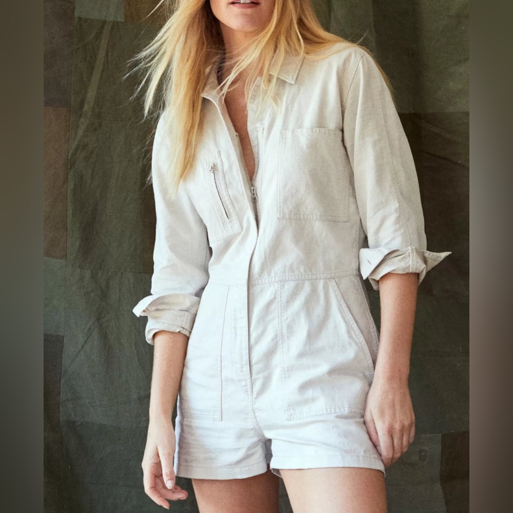 NWT! Outerknown Long-Sleeve Utility Shortall Romper in Natural Size Small